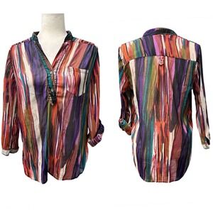 Womens Size M V Neck Shirt Abstract‎ Roll Tab Sleeves Sheer Tunic Blouse Multi